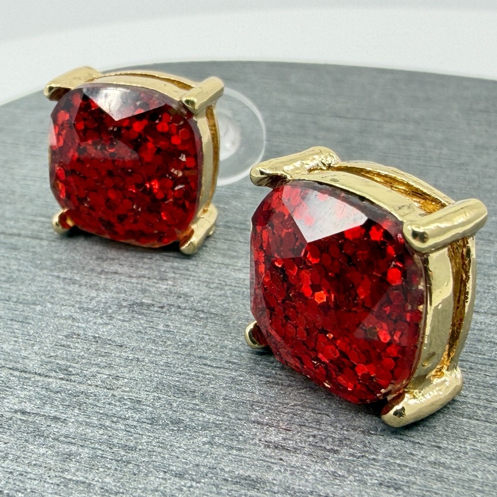 Red Glitter Stud Earrings Gold Tone Square Faceted Sparkle Holiday Party Jewelry